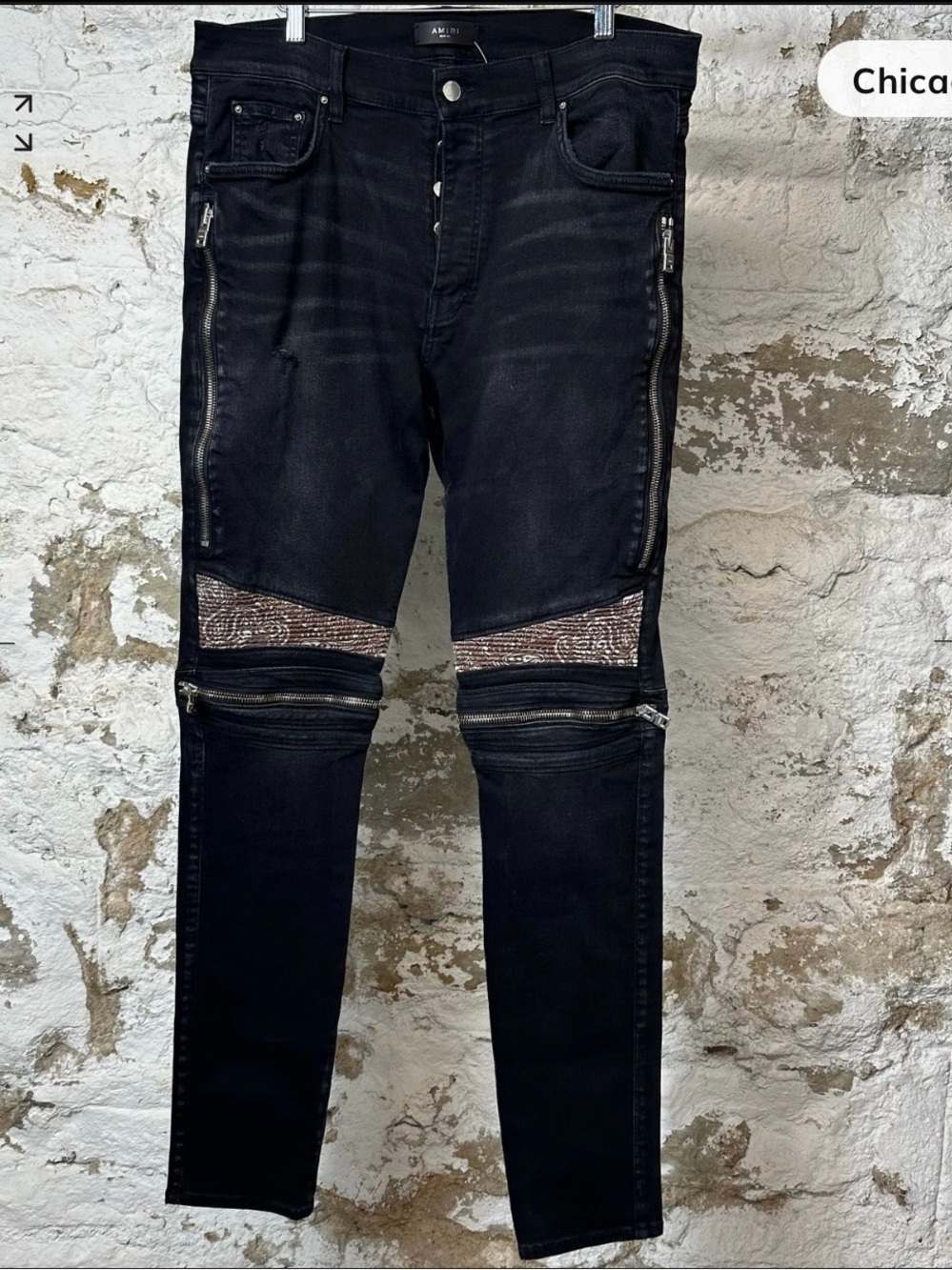 AMIRI Black Skinny Moto Zip Jeans with Croc-Print Knee Panels